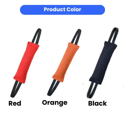 dog-tug-toy-color-variations-red-orange-black A display of three durable dog training tug toys in Red, Orange, and Black colors with reflective handles.