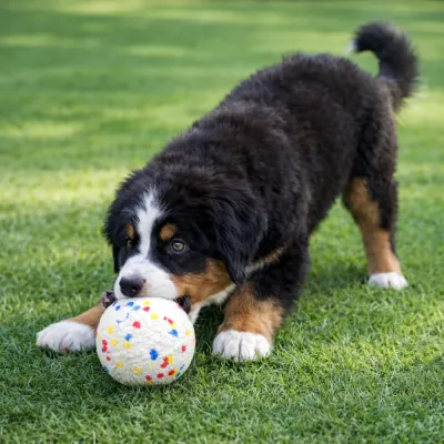 A Bernese Mountain Dog puppy in a "play bow" position with the colorful white ball on a green grass lawn.