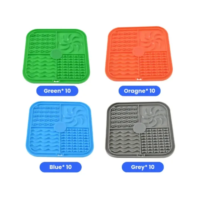 4 different colors of square silicone dog licking mats with 4 unique texturized zones, set on a white background, each with a blue label titled "Color10". (e.g., Green10)