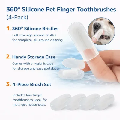 360 Silicone Pet Finger Toothbrush Set 4 Pack Dog Dental Cleaning Kit with Case Petfairs 360 degree silicone pet finger toothbrush 4 pack dog dental cleaning kit with storage case