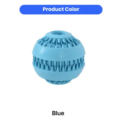 blue-dog-chew-ball-product-color A close-up studio shot of a bright blue multifunctional dog chew ball with dental cleaning ridges.