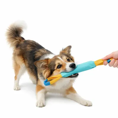 Interactive-Dog-Tug-Toy-Training A medium-sized dog playing tug-of-war with a person using a blue and yellow durable training toy.