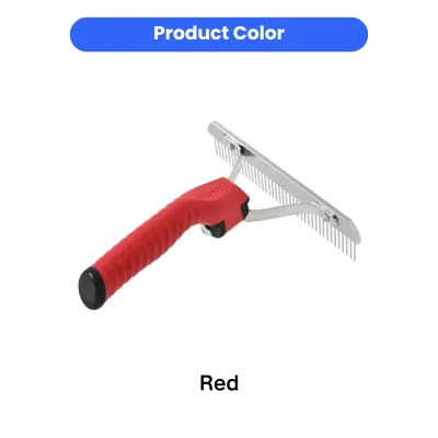 red-pet-undercoat-rake-color-option A studio shot of a pet grooming rake with a bright red textured handle and stainless steel teeth.
