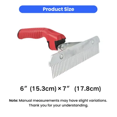 pet-grooming-rake-size-specifications An infographic showing the dimensions of the pet rake, measuring 6 inches by 7 inches (15.3cm x 17.8cm).