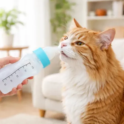 cat drinking milk from pet nursing bottle indoor feeding scene