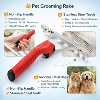 pet-grooming-rake-key-features-and-benefits A feature chart highlighting the non-slip handle, stainless steel teeth, and suitability for both cats and dogs.