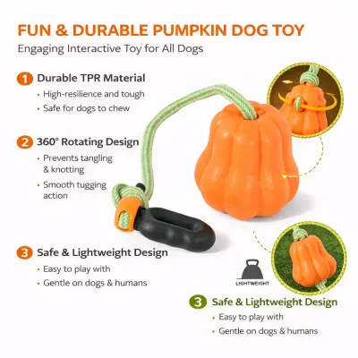tpr-pumpkin-dog-toy-features-infographic Infographic listing product benefits: Durable TPR material, 360-degree rotating design, and lightweight safety features.