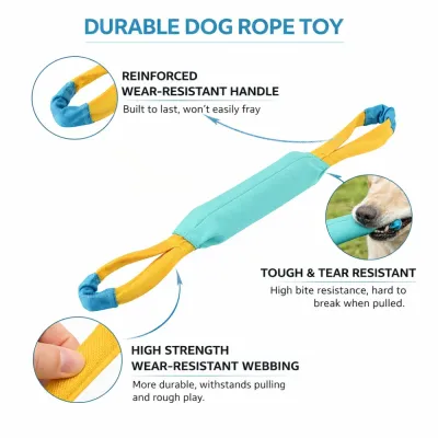 Dog-Tug-Toy-Material-Durability-Features Infographic showing reinforced wear-resistant handles, tough tear-resistant fabric, and high-strength webbing.