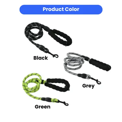 Reflective Rock Climbing Rope Dog Leash Heavy-duty dog leashes in Black, Grey, and Green with padded foam handles.