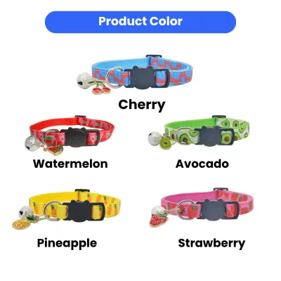 Multi-Color Fruit Pattern Cat Collars Collection A collection of five adjustable cat collars in different fruit patterns: Cherry, Watermelon, Avocado, Pineapple, and Strawberry.