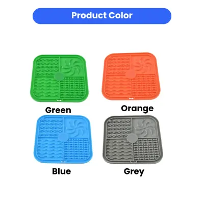 Silicone Licking Mat for Dogs - Green, Orange, Blue, Grey Colors 4 different colors of square silicone dog licking mats with 4 unique texturized zones, set on a white background with a blue label titled "Product Color".