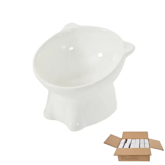 A white ceramic pet bowl with bulk wholesale box packaging for retail store inventory.