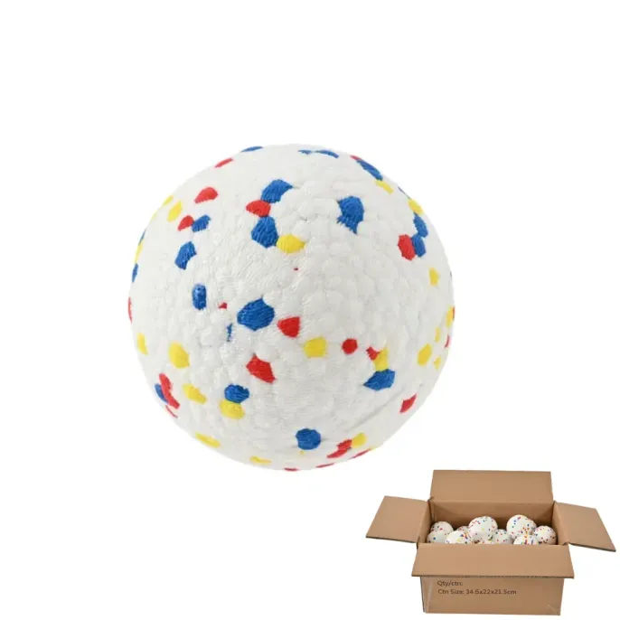 bulk-wholesale-durable-dog-balls-packaging A single textured dog ball displayed next to a cardboard shipping box filled with multiple balls.