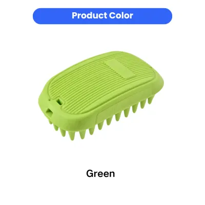 Close-up of the lime green silicone pet massage brush showing the top grip and side texture.