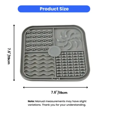 Silicone Licking Mat for Dogs - Product Dimensions Top-down view of a grey square silicone dog licking mat with 4 unique texturized zones on a white background.