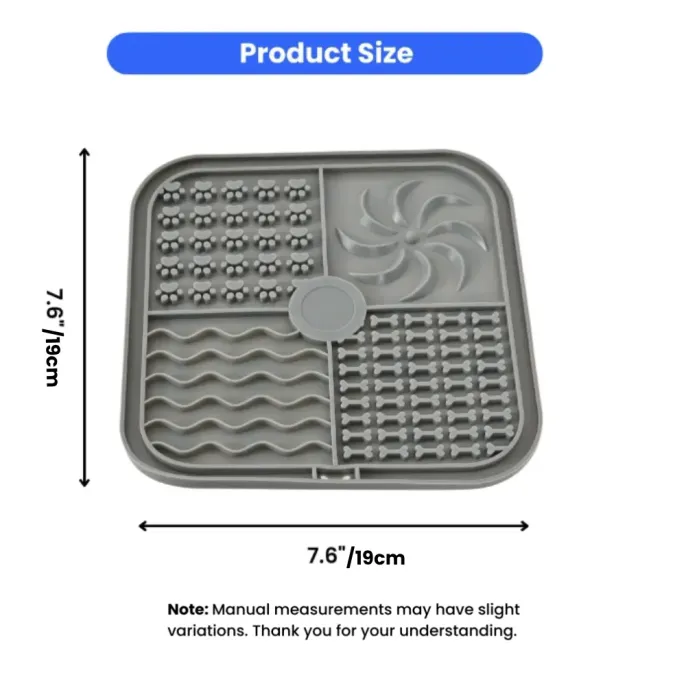 Top-down view of a grey square silicone dog licking mat with 4 unique texturized zones on a white background.