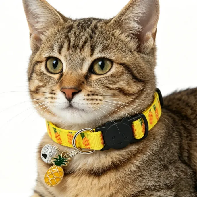 Tabby Cat Wearing Yellow Fruit Collar A tabby cat portrait showcasing a yellow pineapple collar with a black cat-shaped breakaway buckle and a bell.