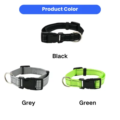 available-colors-reflective-dog-collars Product showcase of reflective dog collars in three colors: Black, Grey, and Neon Green.