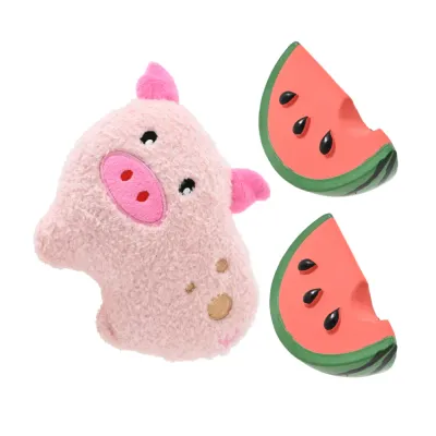 A clean studio shot of the complete 3-piece dog toy kit including one plush pig and two bite-resistant watermelon slices.