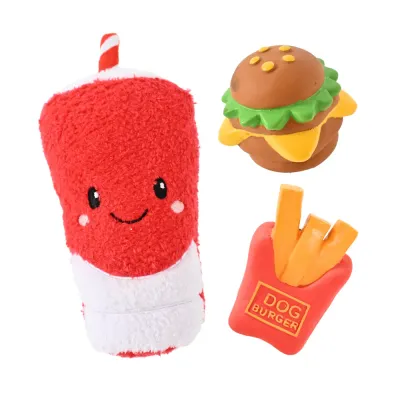 Isolated view of the 3-piece dog toy bundle featuring one plush drink cup and two latex fast food shaped toys.