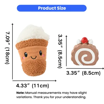 Product size chart showing 7.09 inch height for the coffee toy and 3.35 inch width for the roll cake.
