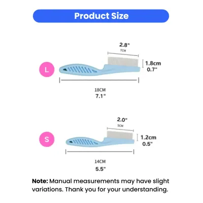 Size chart for large and small pet flea combs showing dimensions in cm and inches for grooming cats and dogs.