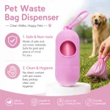 Safe and Hygienic Pet Waste Bag Dispenser Features Infographic highlighting features: Safe and non-toxic materials, clean and hygienic use, durable, leak-proof, and easy to use.