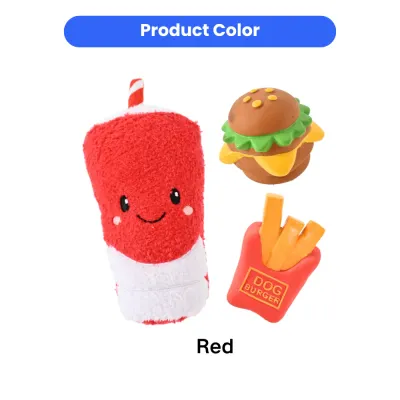 Product color showcase featuring a vibrant red plush drink cup and colorful latex burger and fries dog toys.