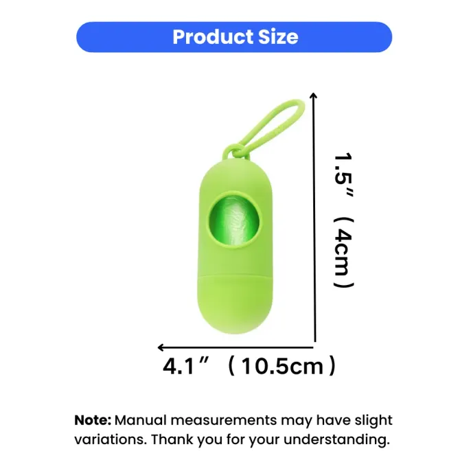 Pet Waste Bag Dispenser Size Chart Diagram showing the dimensions of the pet waste bag dispenser: 4.1 inches (10.5cm) in length and 1.5 inches (4cm) in width.