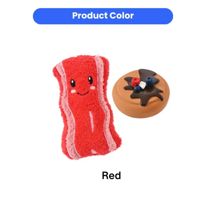 Product showcase of the "Red" color variant featuring a plush bacon strip and a chocolate-covered latex donut.