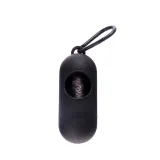 Classic Black Pet Waste Bag Dispenser A professional matte black dog waste bag dispenser with a black carabiner for leash attachment.