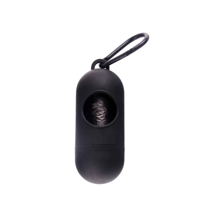 Classic Black Pet Waste Bag Dispenser A professional matte black dog waste bag dispenser with a black carabiner for leash attachment.