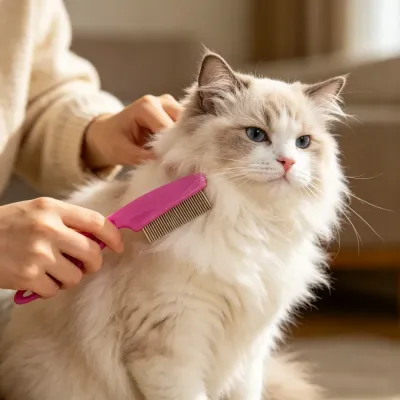 A hand is gently using a pink pet flea comb with dense stainless steel teeth to groom a long-haired Ragdoll cat and keep its coat healthy.