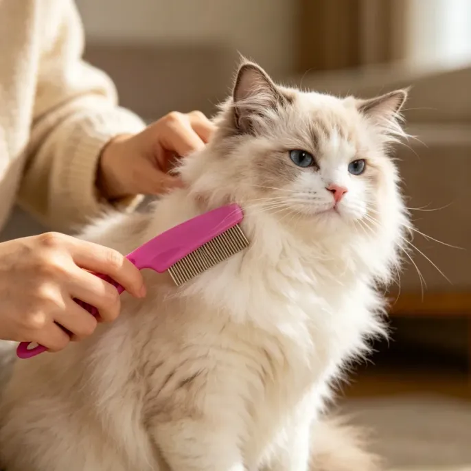 combing a cat with a pink flea comb A hand is gently using a pink pet flea comb with dense stainless steel teeth to groom a long-haired Ragdoll cat and keep its coat healthy.