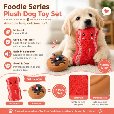 Infographic for Foodie Series Plush Dog Toy Set highlighting non-toxic latex, soft plush, and built-in squeaker.