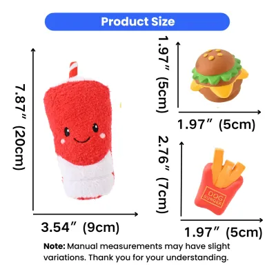 Size chart for foodie dog toys showing the plush cup at 7.87 inches and latex burger and fries at approximately 2 inches.