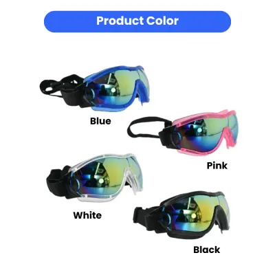 dog-goggles-color-options-available A collection of pet goggles in four colors: blue, pink, white, and black with mirrored lenses.