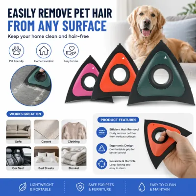 Pet-Hair-Remover-Features-and-Surfaces Infographic showing the pet hair remover works on sofas, carpets, clothing, car seats, bed sheets, and blankets.