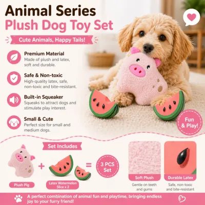 Infographic highlighting features of the dog toy set: premium materials, safe non-toxic latex, built-in squeaker, and small-breed friendly size.