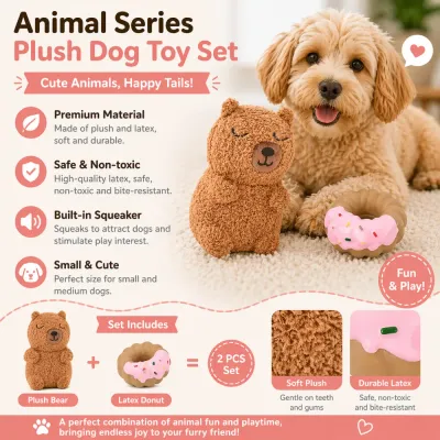 animal-series-plush-dog-toy-set-features-infographic Infographic showing features of the Petfairs dog toy set: premium material, safe non-toxic latex, built-in squeaker, and small-breed friendly.