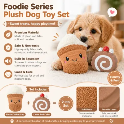 Infographic highlighting non-toxic materials, built-in squeaker, and durable latex for the Foodie Series dog toy set.