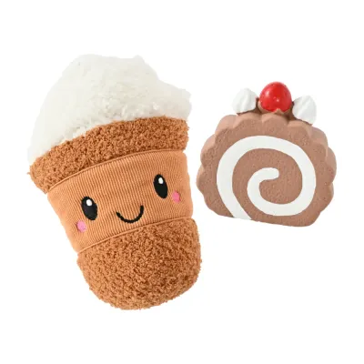 Studio shot of a 2-piece dog toy set including a smiling plush coffee cup and a swirl roll cake.