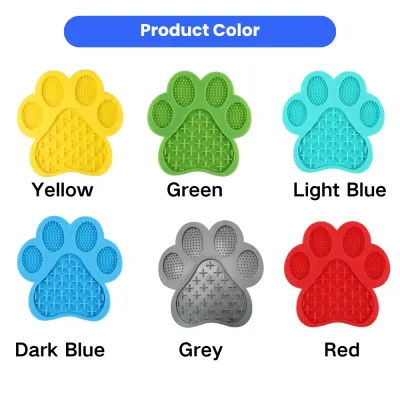 Paw Shaped Dog Lick Mat Available Colors A grid showing six available colors of the paw-shaped lick mat: Yellow, Green, Light Blue, Dark Blue, Grey, and Red.