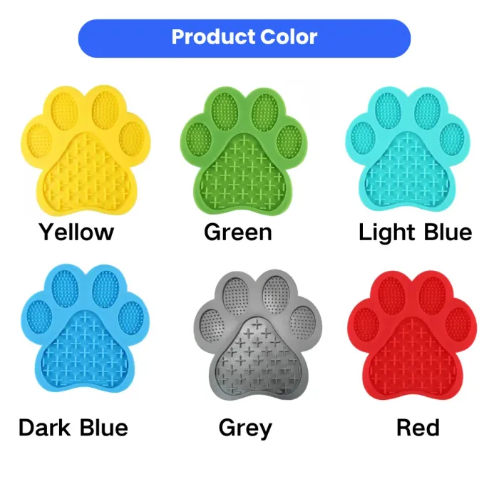 A grid showing six available colors of the paw-shaped lick mat: Yellow, Green, Light Blue, Dark Blue, Grey, and Red.