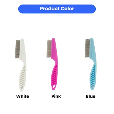 Set of three pet flea combs in white, blue, and rose pink with color labels ("White," "Blue," "pink") and dense stainless steel teeth.