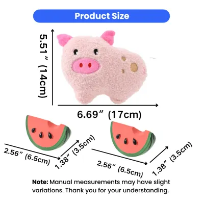 Size chart showing the plush pig at 6.69 by 5.51 inches and latex watermelon slices at 2.56 by 1.38 inches.