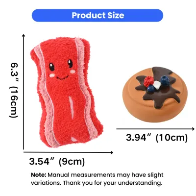 Size chart showing the plush bacon is 6.3 inches by 3.54 inches and the latex donut is 3.94 inches wide.