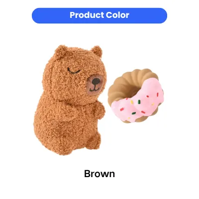 brown-plush-bear-and-pink-donut-dog-toy-set Product showcase of the Animal Series dog toy set featuring a brown textured plush bear and a pink sprinkled latex donut.