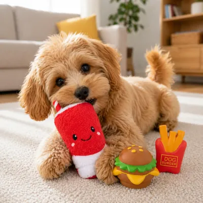 A small poodle puppy playing with a squeaky red plush drink toy on a living room carpet.
