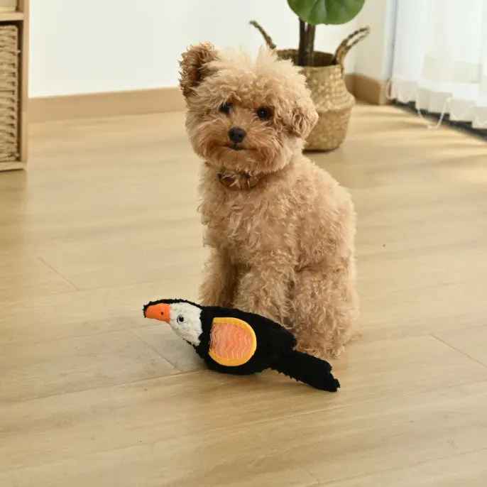 small puppy sitting with plush bird squeaky dog toy indoor pet play scene